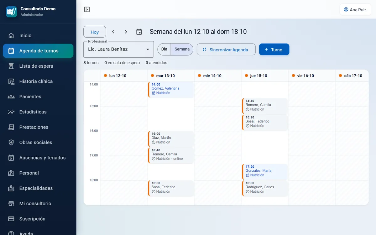 Agenda semanal de un profesional