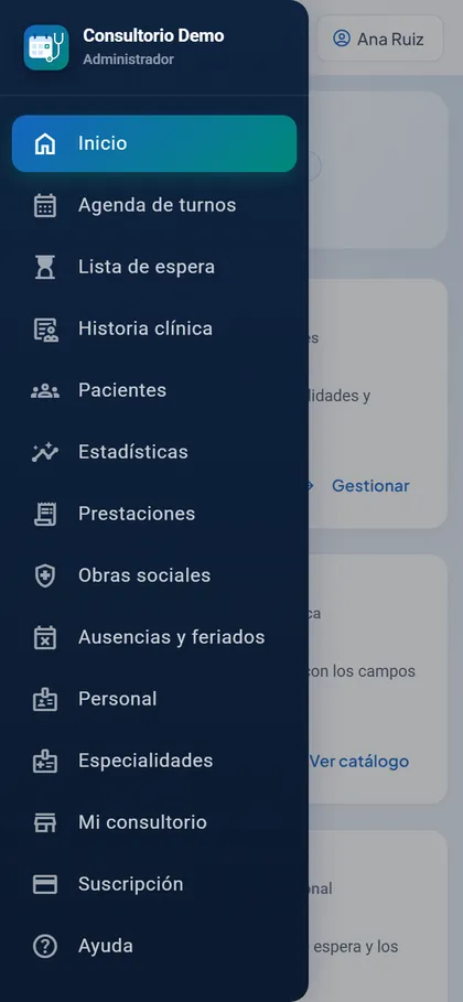 Menú de la app en el celular