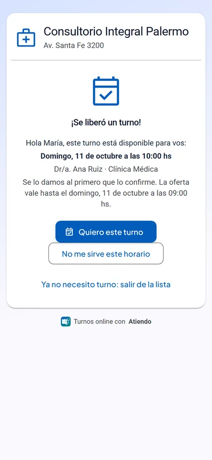 Email de turno liberado que recibe el paciente