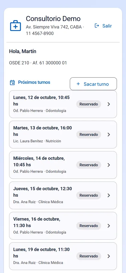 Portal del paciente con sus turnos