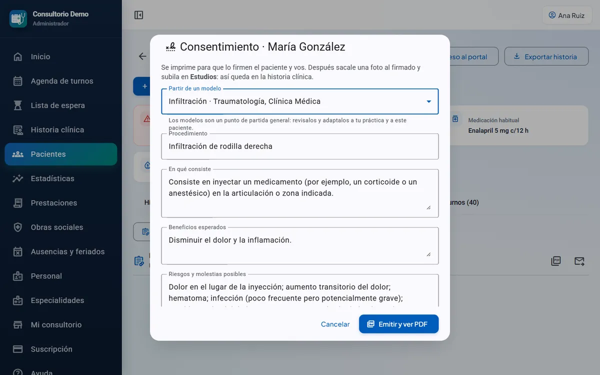 Ventana para emitir un consentimiento informado a partir de un modelo