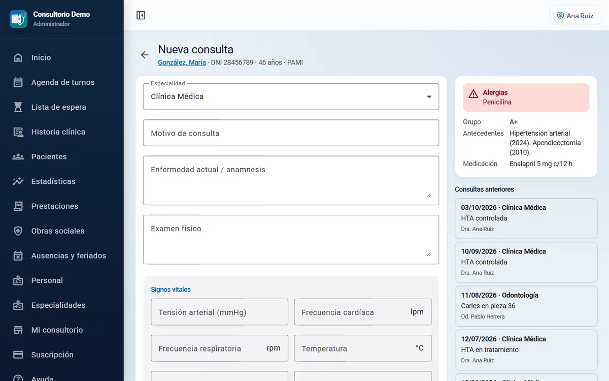 Formulario de consulta con los campos de la especialidad