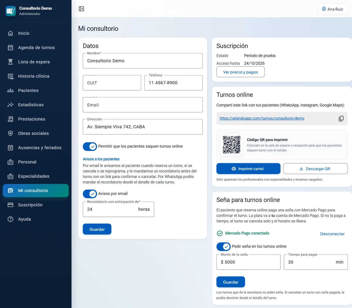 Mi consultorio con turnos online y seña