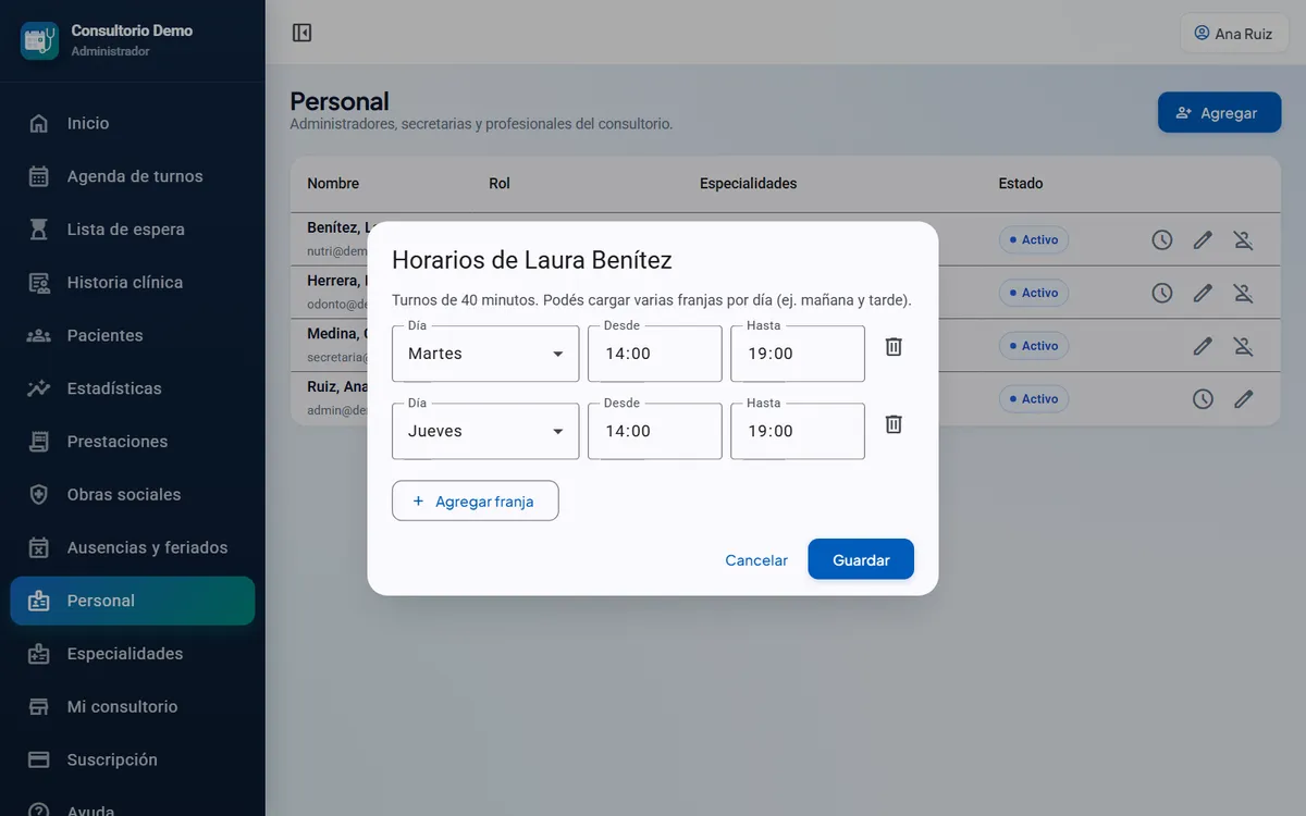 Horarios de atención de un profesional