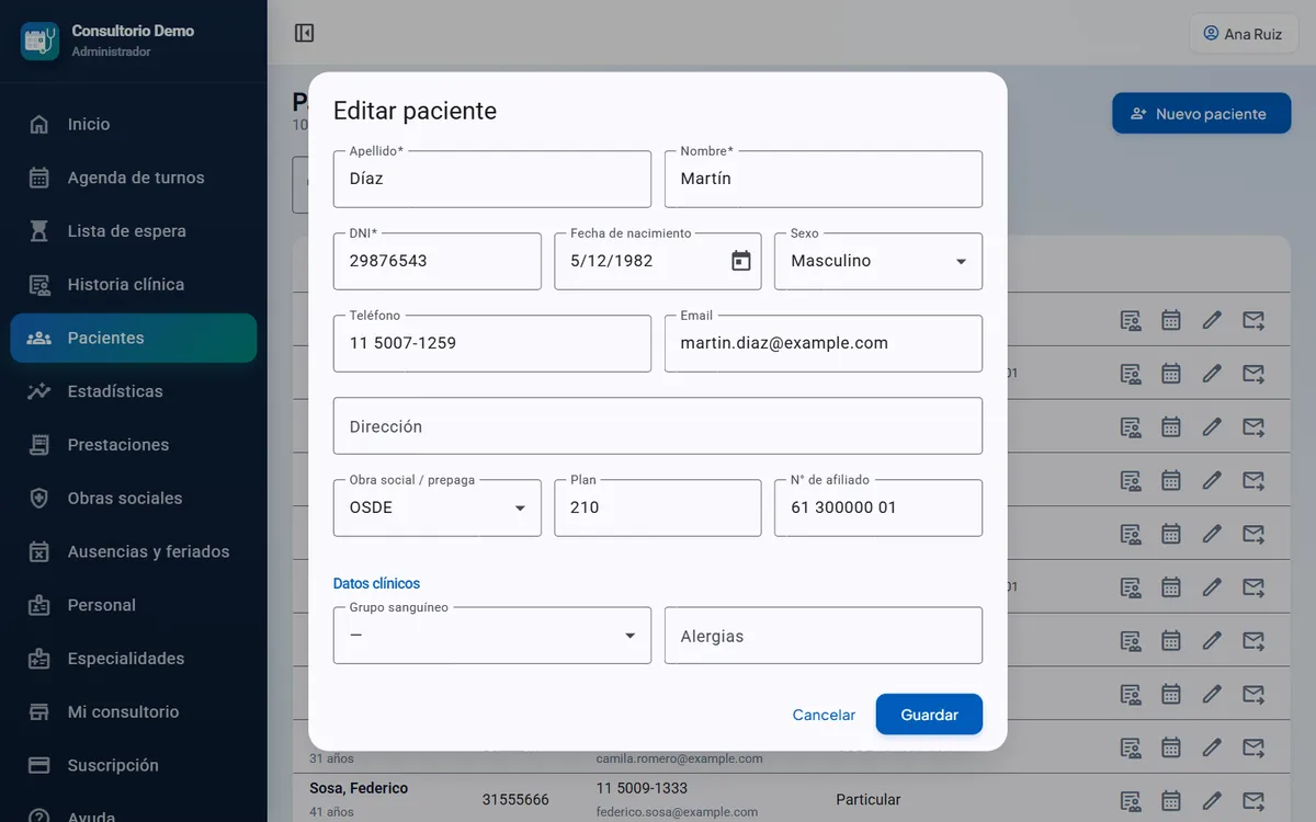 Datos de un paciente