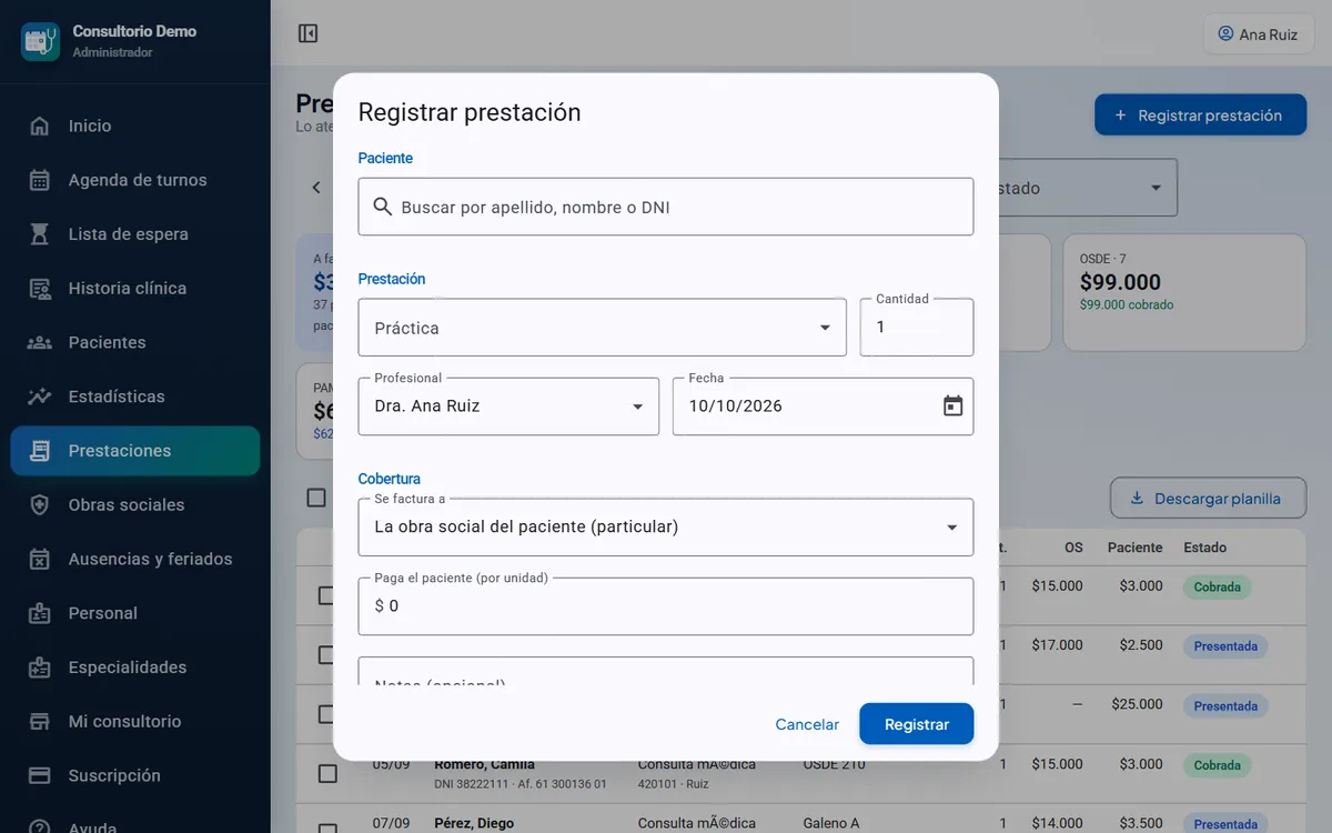 Registro de una prestación con práctica, obra social e importes completados automáticamente