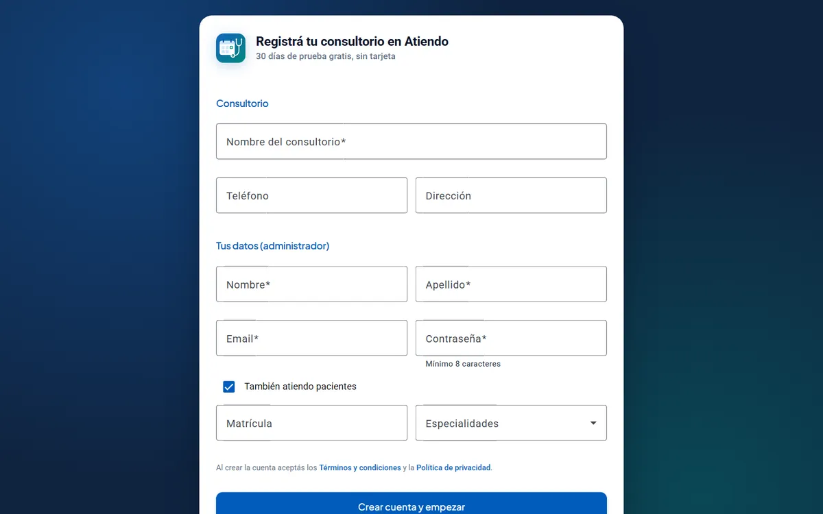Formulario para registrar el consultorio