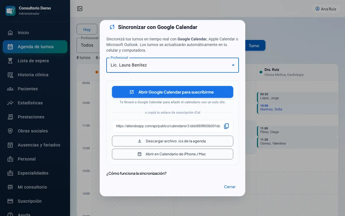 Ventana para sincronizar la agenda con Google Calendar