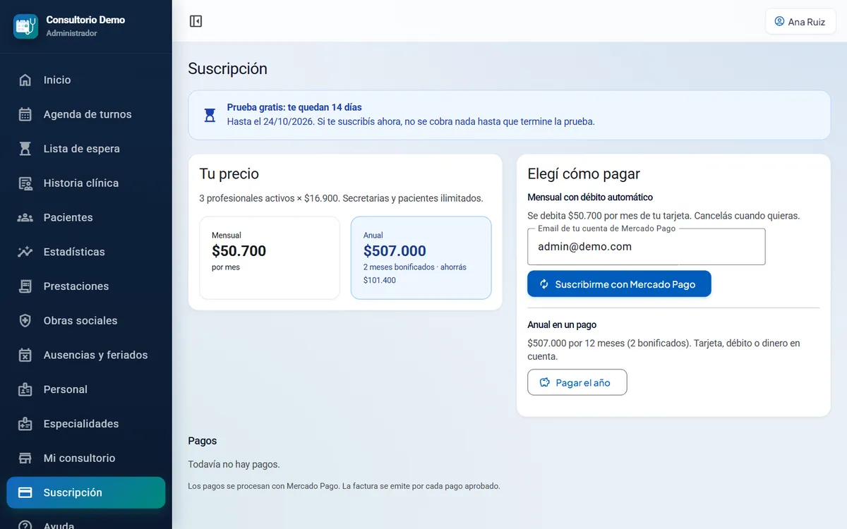 Pantalla de suscripción con precios