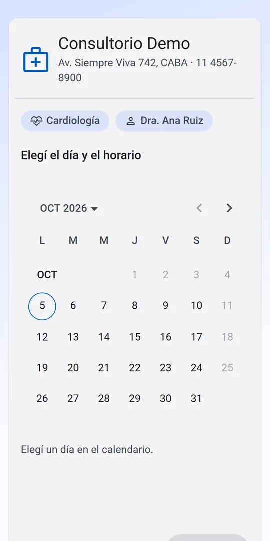 Pantalla de reserva de turnos online para pacientes